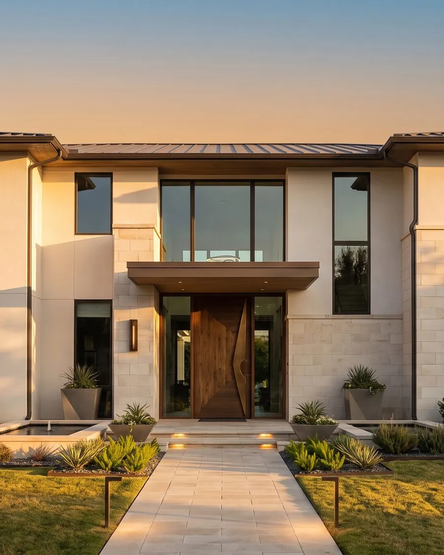 A modern North Dallas luxury home at golden hour, the front door centered at the end of a stone path